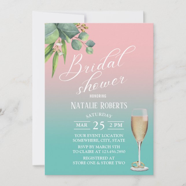Invitación Tipografía Pastel Foliage Verde azulado rosa Ducha (Anverso)