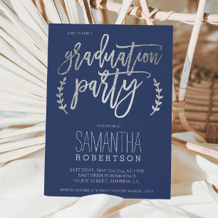 Invitación Tipografía plateada fiesta de graduación azul mari