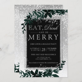 Invitación Tipografía plateada nieve elegante comer Navidades