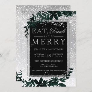 Invitación Tipografía plateada nieve elegante comer Navidades