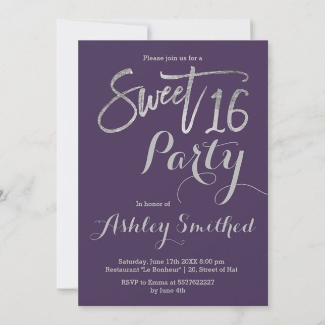 Invitación Tipografía plateada púrpura simple dulce 16 (Anverso)