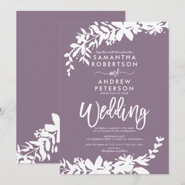 Invitación Tipografía púrpura boda blanco floral (Anverso / Reverso)