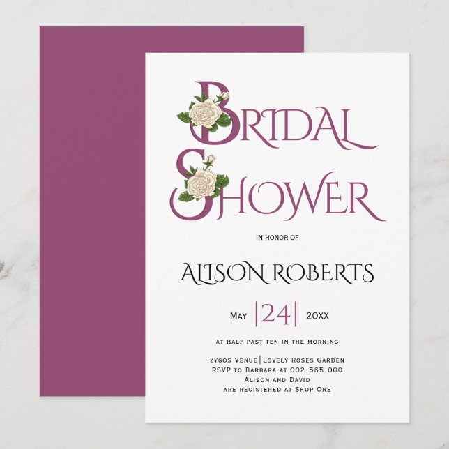 Invitación Tipografía púrpura de Cassis y ducha de novias ros (Anverso / Reverso)
