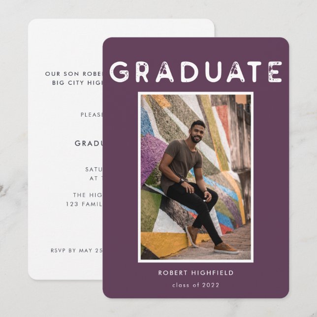 Invitación Tipografía Púrpura Moderna Foto Graduación 2022 (Anverso / Reverso)