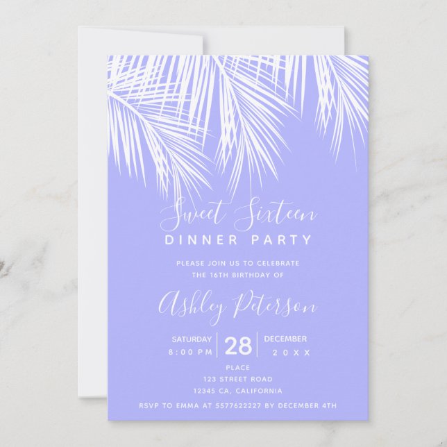 Invitación Tipografía púrpura tropical de palmera dulce 16 (Anverso)