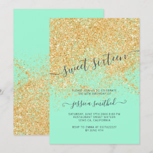 Invitación Tipografía purpurina de oro menta verde Sweet 16