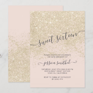 Invitación tipografía purpurina dorado rosa opaco dulce 16