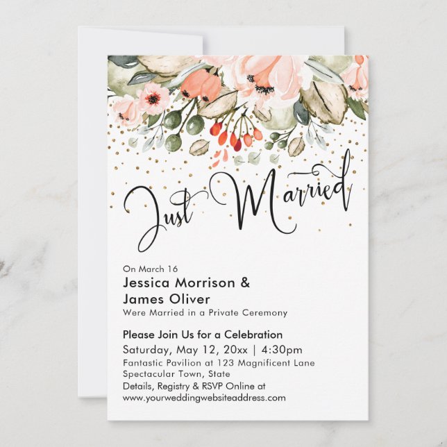 Invitación Tipografía recién casada Rubor Floral Gold Confett (Anverso)