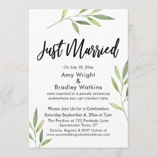 Invitación Tipografía recién casados con follaje acuarela ver