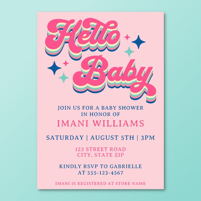 Invitación Tipografía retro de Baby Shower Groovy rosa (Retro groovy pink baby shower invitation on a turquoise background.)