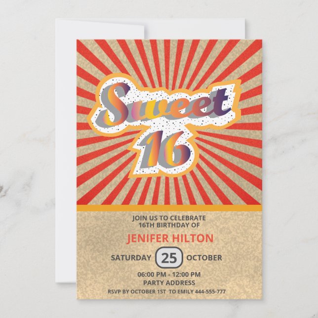 Invitación Tipografía retro divertida de Guay dulce 16 (Anverso)