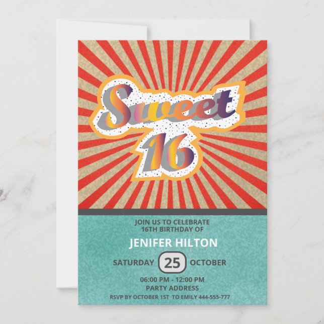 Invitación Tipografía retro divertida de Guay dulce 16 (Anverso)