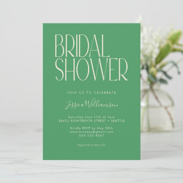 Invitación Tipografía retro Kelly Green Trendy Bridal (Anverso de pie)