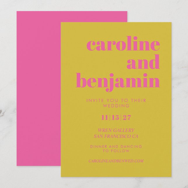 Invitación Tipografía rosa brillante y amarilla Boda moderno (Anverso / Reverso)