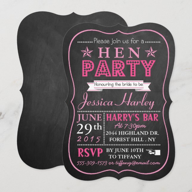 Invitación Tipografía rosa Chalkboard Hen Fiesta (Anverso / Reverso)
