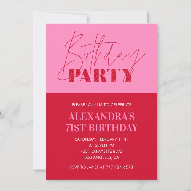 Invitación Tipografía rosa chic moderna Cumpleaños 71 (Anverso)