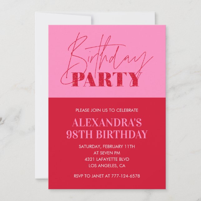 Invitación Tipografía Rosa Chic Moderna Fiesta de cumpleaños  (Anverso)