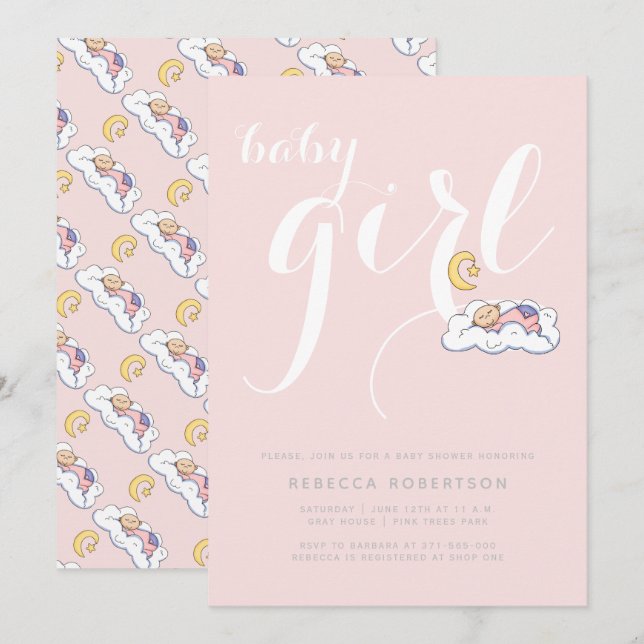 Invitación Tipografía rosa de bebé durmiente ducha tipografía (Anverso / Reverso)