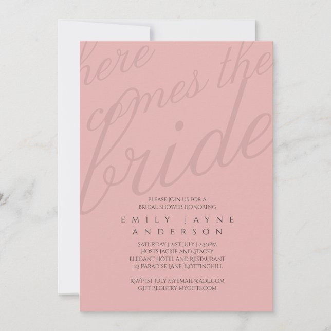 Invitación Tipografía rosa Dusky Ducha Bridal Moderno Mínimo (Anverso)