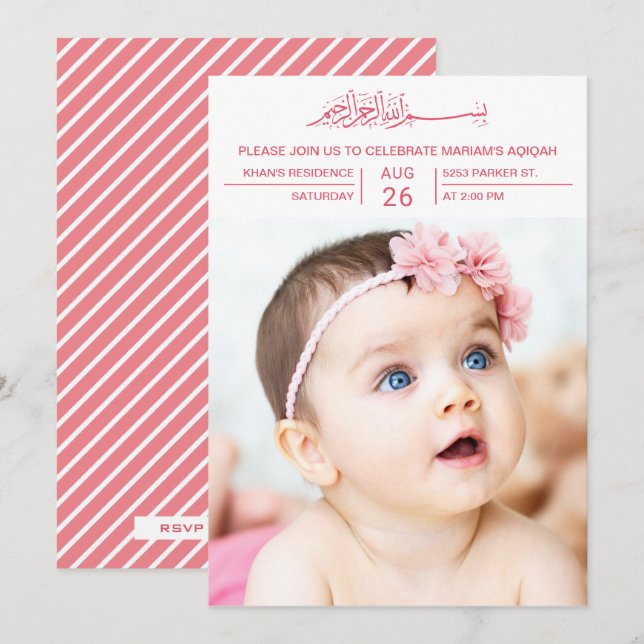 Invitación Tipografía rosa moderna foto de bebé Aqiqah (Anverso / Reverso)