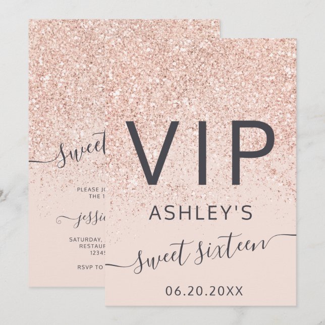 Invitación Tipografía Rosa purpurina oro rosa VIP Sweet 16 (Anverso / Reverso)