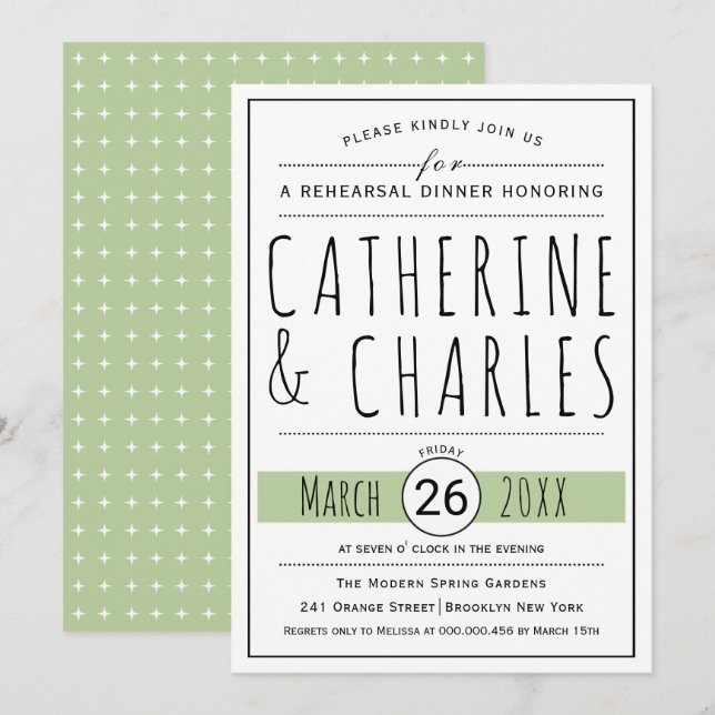 Invitación Típografía sage boda verde ensayo cena (Anverso / Reverso)