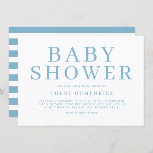 Invitación Tipografía simple azul Stripes Boy Baby Shower