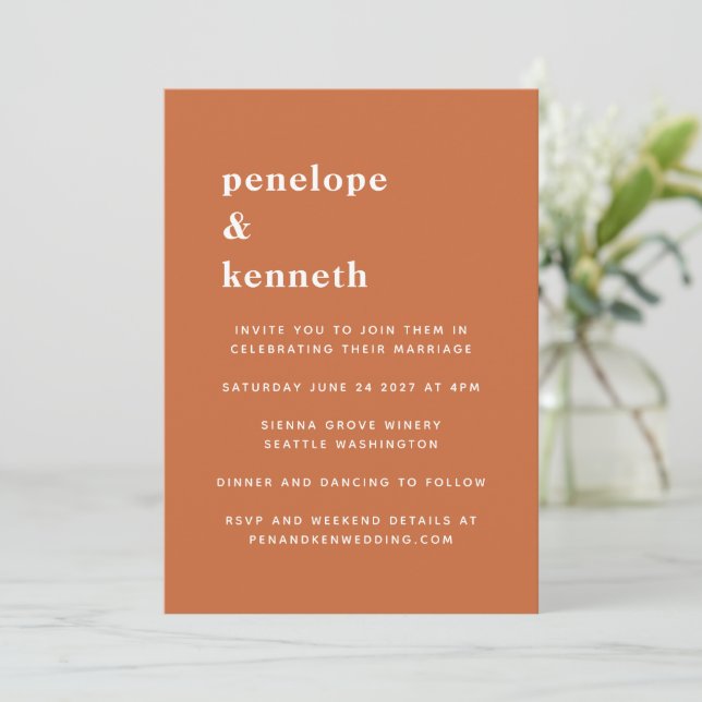 Invitación Tipografía simple Boda Naranja quemado moderno (Anverso de pie)