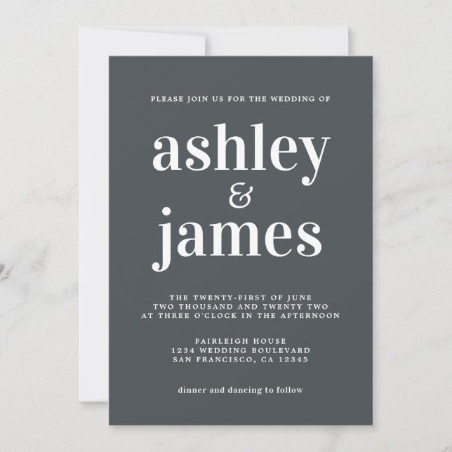 Invitación Tipografía simple de Moda Boda blanco negro (Anverso)