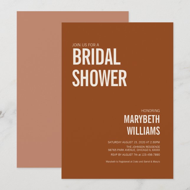 Invitación Tipografía simple de terracota Ducha de novia (Anverso / Reverso)