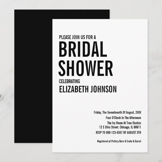 Invitación Tipografía simple ducha de novia (Anverso / Reverso)