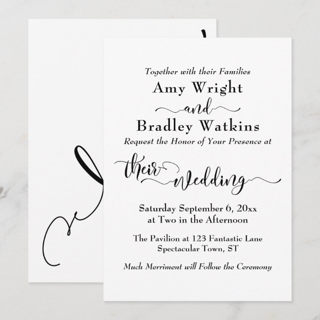 Invitación Tipografía sutil elegante, negro sobre Boda blanco (Anverso / Reverso)