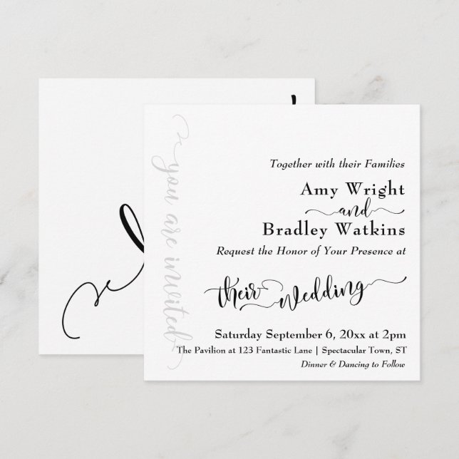 Invitación Tipografía sutil y elegante negro sobre Boda blanc (Anverso / Reverso)