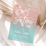 Invitación Tipografía verde azulada oscura purpurina de oro R<br><div class="desc">Una moderna ducha rosa bonito de oro oscura con huevo rojo azul verde azulado de color turquesa bloque Sweet 16 script tipografía invitación de cumpleaños con un patrón rojo rosa que se desvanece en un fondo azul. Perfecto para una princesa dulce dieciséis, perfecto para ella, la modistonista que ama el...</div>