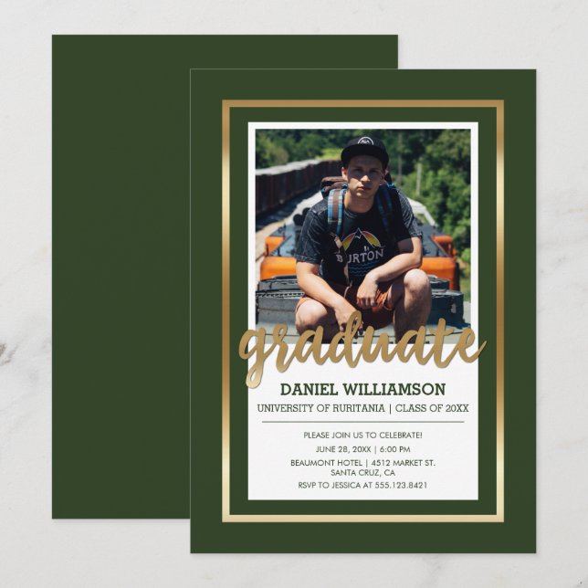 Invitación Tipografía verde dorada y oscura | Graduación de l (Anverso / Reverso)
