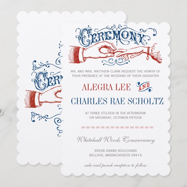 Invitación Tipografía victoriana azul rojo blanco (Anverso / Reverso)