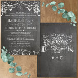 Invitación Tipografía vintage de corte de talla de croqueta<br><div class="desc">Antiguo estilo victoriano inglés Cottagecore Rústico Luxe Folksy Chalkboard diseño Boda con un estilo de borde vintage único que seguro recibirá muchos elogios de sus huéspedes. Dos corazones dibujados a mano dulcemente románticos que se cruzan simbolizan tu amor eterno y los dos se convierten en uno en santo matrimonio. Divisores...</div>