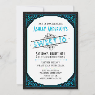 Invitación Tipografía vintage Desplazamiento Negro Neon Blue