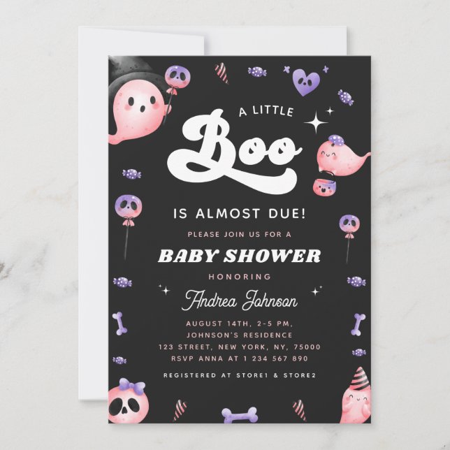Invitación Tipografía y Chica fantasma rosado Baby Shower (Anverso)