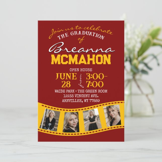 Invitación Tira de película Maroon & Gold 5 Graduación de fot (Anverso de pie)