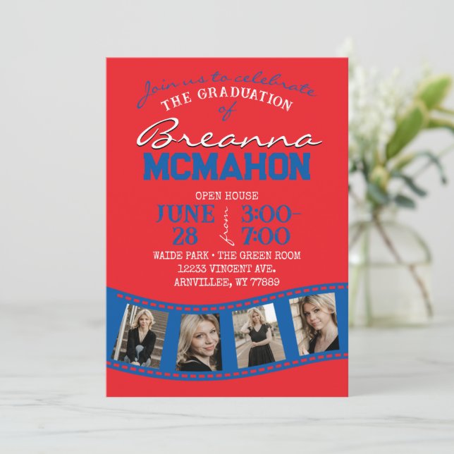 Invitación Tira de película roja y azul 5 Graduación de fotos (Anverso de pie)