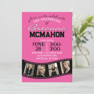 Invitación Tira de película rosa y negro caliente 5 Graduació