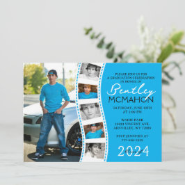 Invitación Tira de película única azul y blanca 6 Graduación