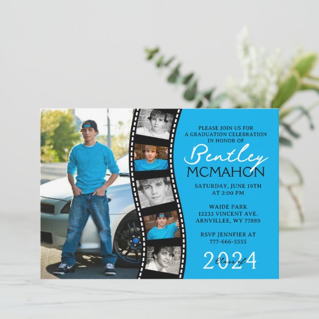 Invitación Tira de película única azul y negro 6 Graduación d (Anverso de pie)
