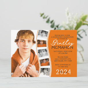 Invitación Tira de película única naranja y blanca 6 Graduaci