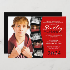 Invitación Tira de película única roja y negra 6 Graduación d