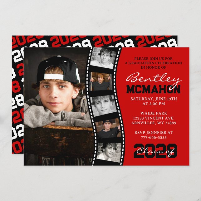 Invitación Tira de película única roja y negra 6 Graduación d (Red & Black 6 Photo Filmstrip Collage Graduation Invitation - Printed with Envelopes or Digital)