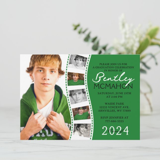 Invitación Tira de película única verde y blanca 6 Graduación (Anverso de pie)