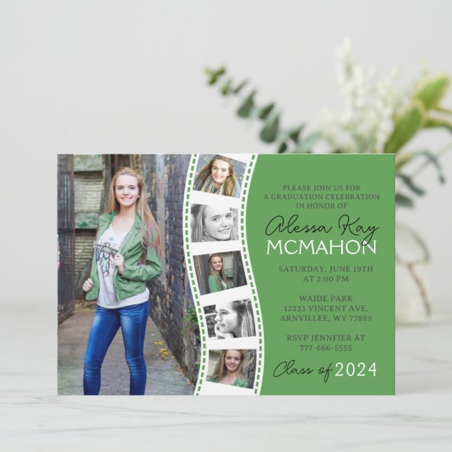 Invitación Tira de película verde y blanca 6 Graduación de fo (Anverso de pie)