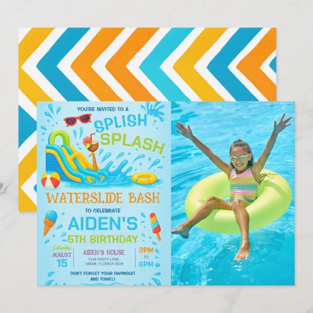 Invitación Tirada de agua Bash, Tirada de agua Cumpleaños Fot (Anverso / Reverso)